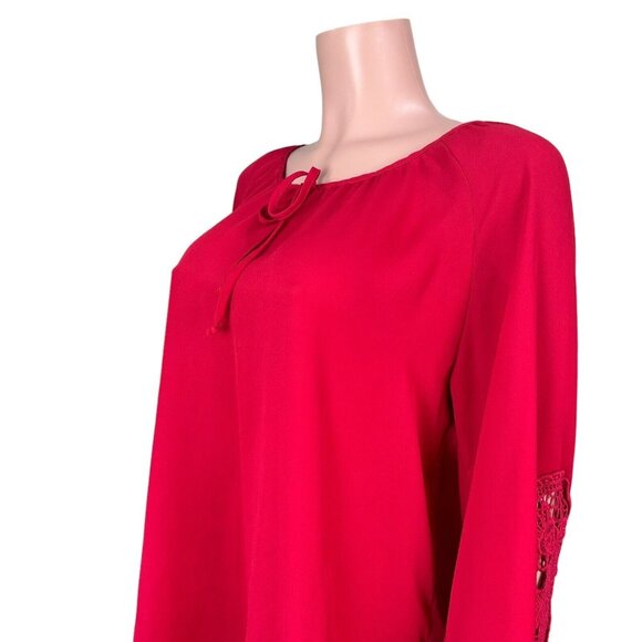 Tacera Womens SZ 1X Red Chiffon Blouse -Lace 3/4 Sleeve-Bow Tie -Round Neck - Picture 14 of 14